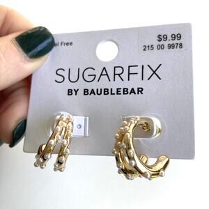 Golden Hoop Earrings Doubled SUGARFIX by BaubleBar Faux Pearl Accents NEW